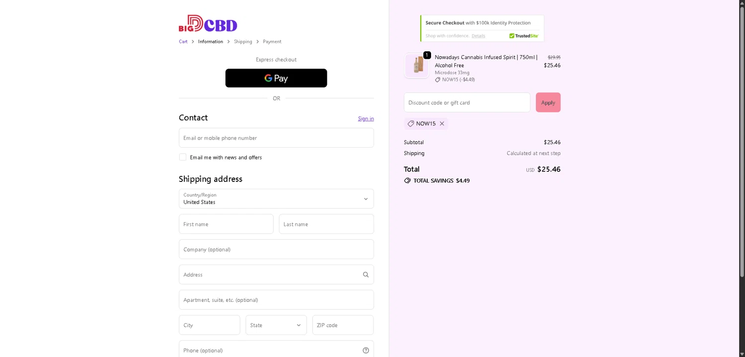 Big D CBD discount code screenshot showing code NOW15 applied at Big D CBD checkout page. Uploaded by SimplyCodes community member VictoriousFinder4393 on Jan 31, 2026
