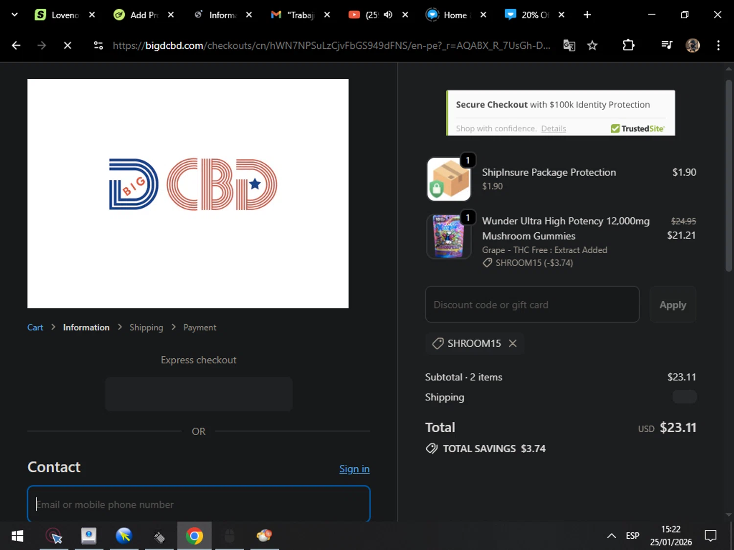 Big D CBD discount code screenshot showing code SHROOM15 applied at Big D CBD checkout page. Uploaded by SimplyCodes community member MarcosAranguren on Jan 25, 2026