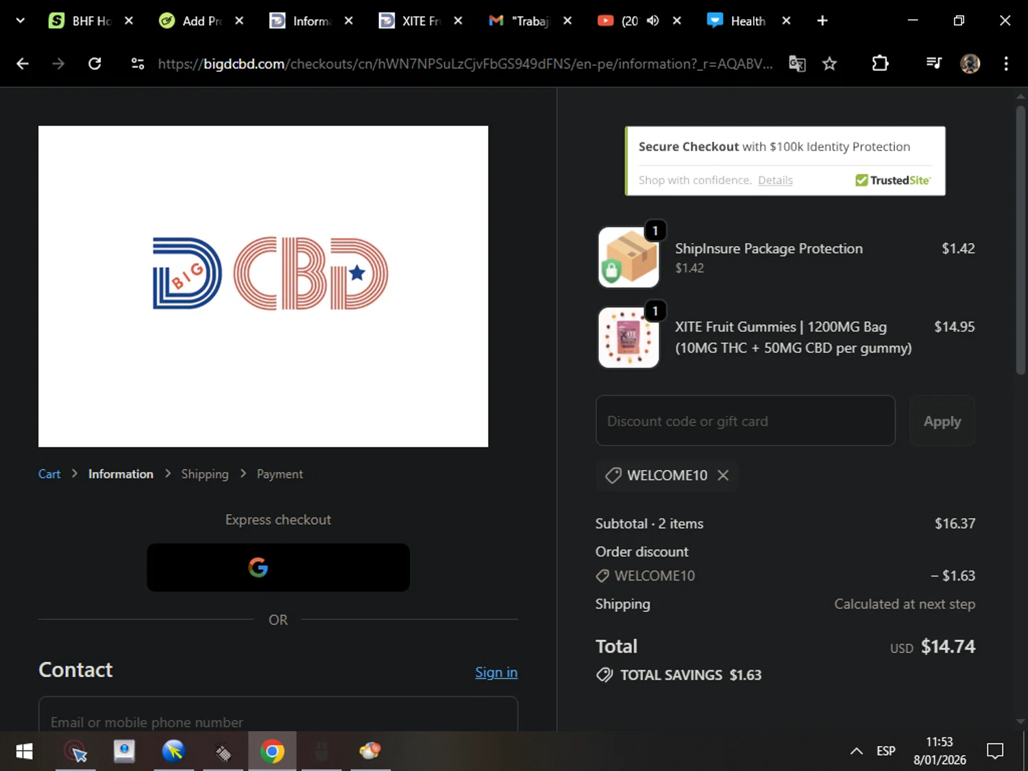 Big D CBD discount code screenshot showing code WELCOME10 applied at Big D CBD checkout page. Uploaded by SimplyCodes community member MarcosAranguren on Jan 8, 2026