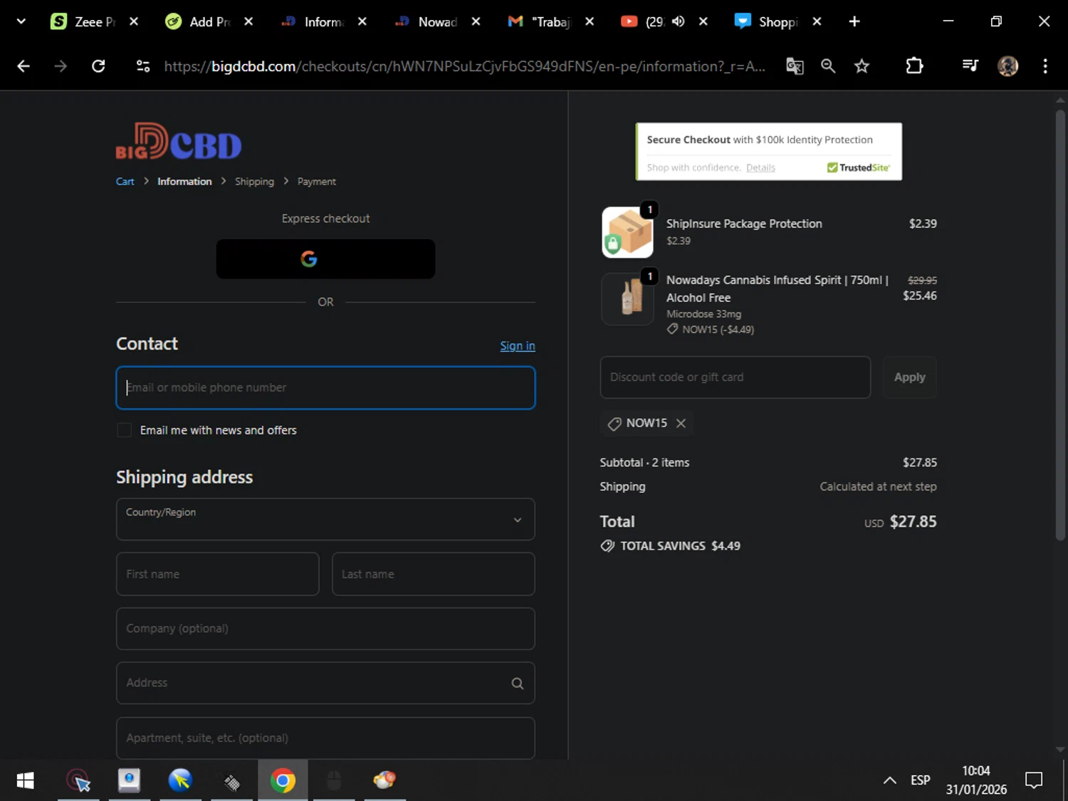 Big D CBD discount code screenshot showing code NOW15 applied at Big D CBD checkout page. Uploaded by SimplyCodes community member MarcosAranguren on Jan 31, 2026
