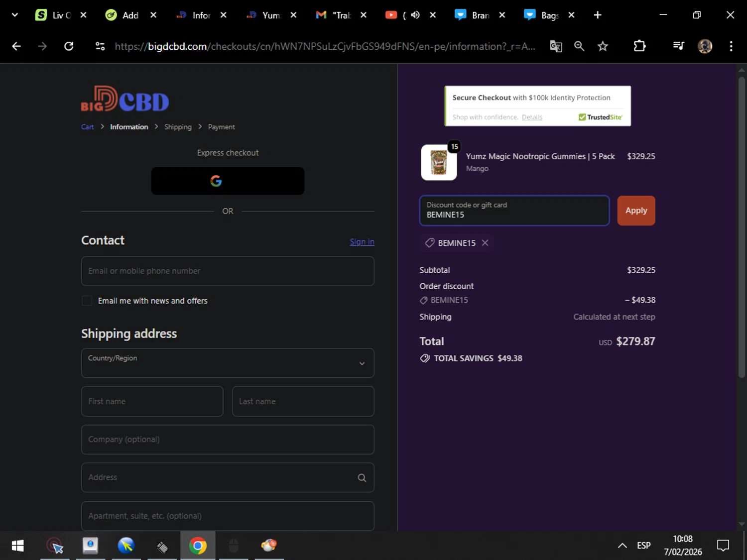 Big D CBD discount code screenshot showing code BEMINE15 applied at Big D CBD checkout page. Uploaded by SimplyCodes community member MarcosAranguren on Feb 7, 2026