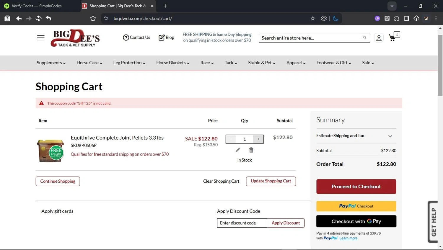 Big Dee's Tack & Vet Supplies promo code screenshot showing code GIFT25 applied at Big Dee's Tack & Vet Supplies checkout page. Uploaded by SimplyCodes community member BudgetCollector3125 on Dec 1, 2025