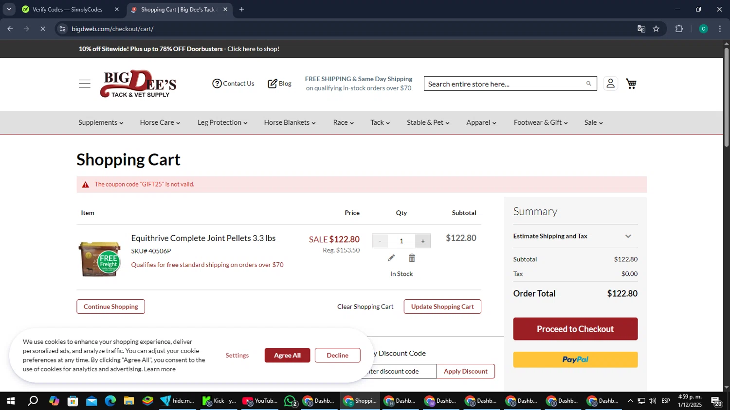 Big Dee's Tack & Vet Supplies promo code screenshot showing code GIFT25 applied at Big Dee's Tack & Vet Supplies checkout page. Uploaded by SimplyCodes community member PromoScout874 on Dec 1, 2025