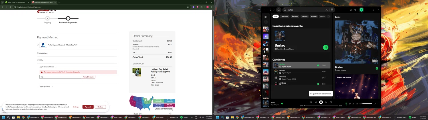Big Dee's Tack & Vet Supplies promo code screenshot showing code 925 applied at Big Dee's Tack & Vet Supplies checkout page. Uploaded by SimplyCodes community member CouponSage7331 on Sep 13, 2025