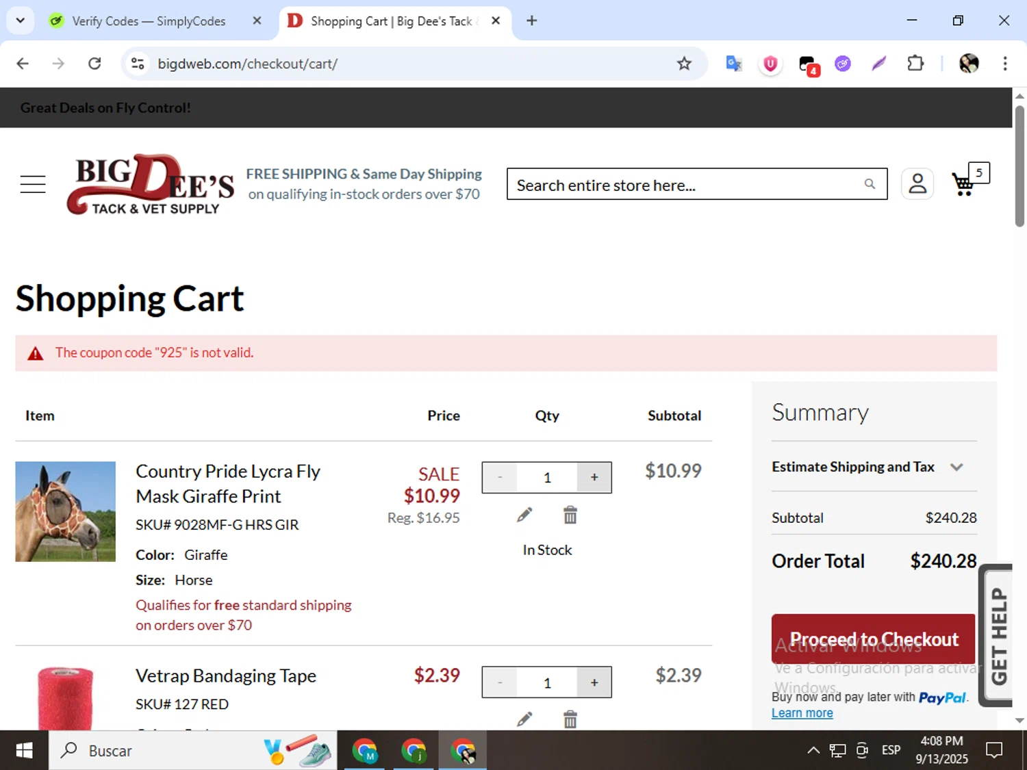 Big Dee's Tack & Vet Supplies promo code screenshot showing code 925 applied at Big Dee's Tack & Vet Supplies checkout page. Uploaded by SimplyCodes community member mariapolancog on Sep 13, 2025