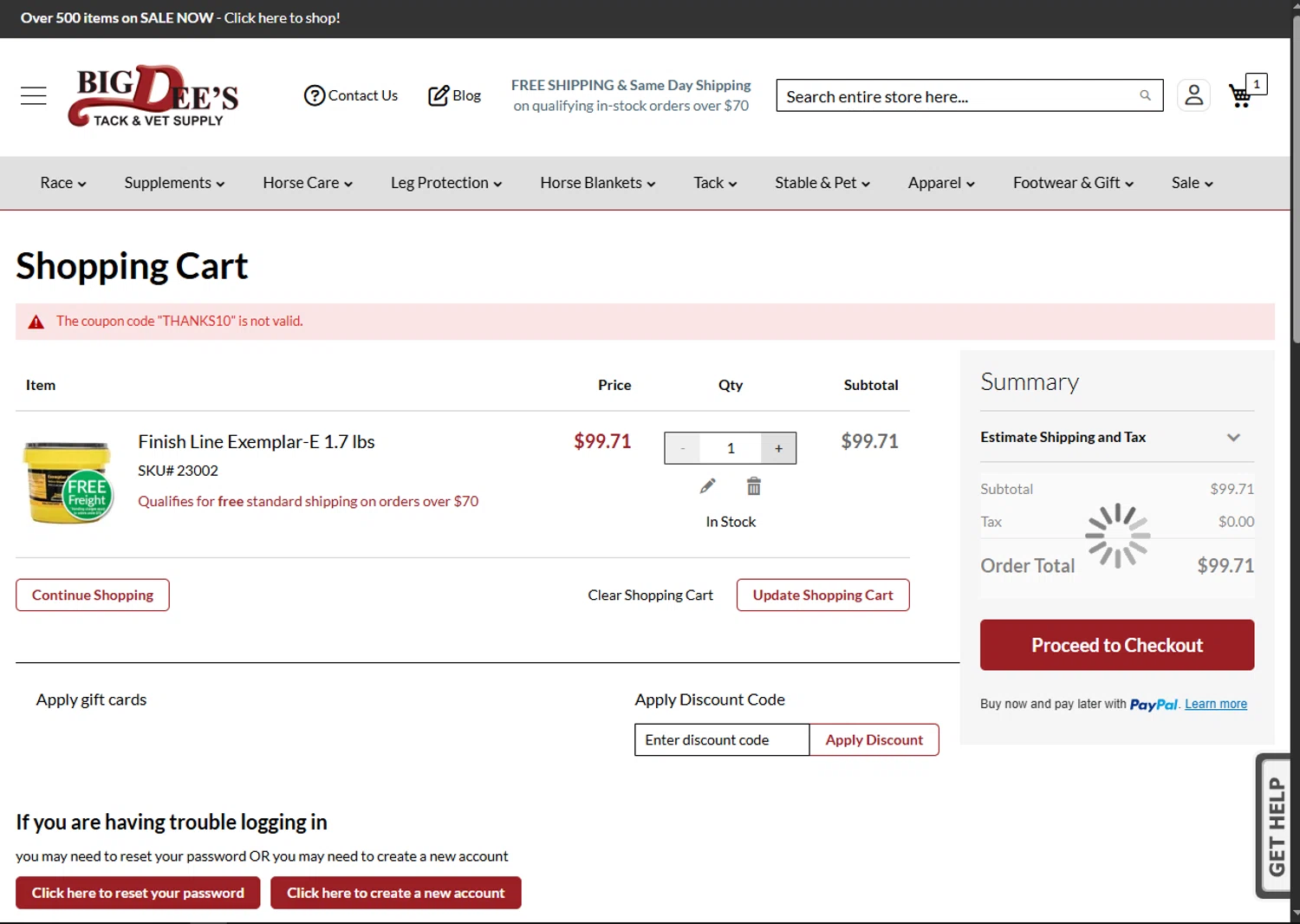 Big Dee's Tack & Vet Supplies promo code screenshot showing code THANKS10 applied at Big Dee's Tack & Vet Supplies checkout page. Uploaded by SimplyCodes community member MagnificentFalcon188 on Oct 29, 2025