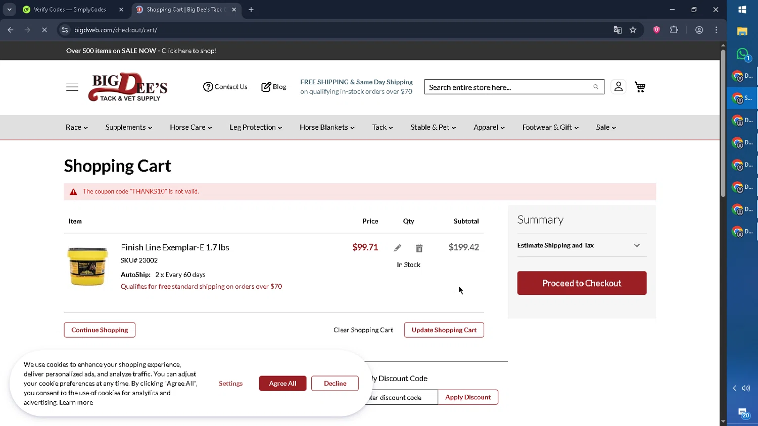 Big Dee's Tack & Vet Supplies promo code screenshot showing code THANKS10 applied at Big Dee's Tack & Vet Supplies checkout page. Uploaded by SimplyCodes community member RebateCaptain6440 on Oct 29, 2025
