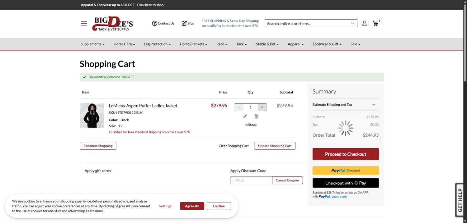 Big Dee's Tack & Vet Supplies checkout page showing Big Dee's Tack & Vet Supplies promo code box | Screenshot taken by SimplyCodes community member on Jan 7, 2026