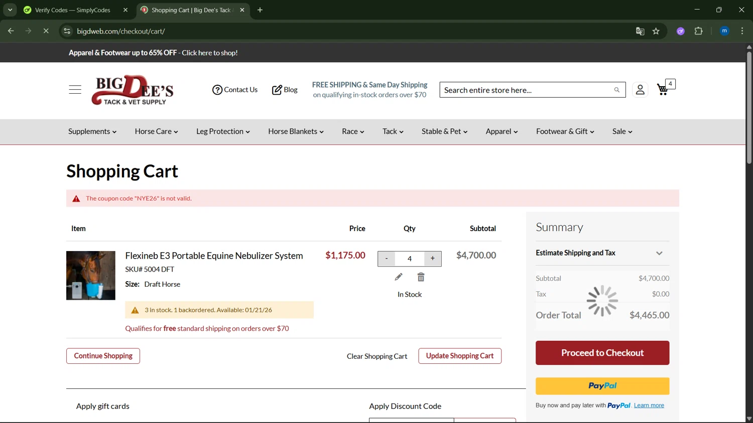 Big Dee's Tack & Vet Supplies checkout page showing Big Dee's Tack & Vet Supplies promo code box | Screenshot taken by SimplyCodes community member on Jan 7, 2026