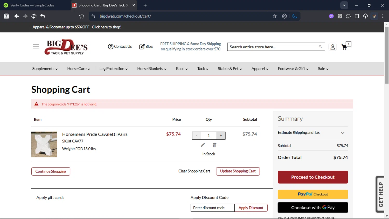 Big Dee's Tack & Vet Supplies promo code screenshot showing code NYE26 applied at Big Dee's Tack & Vet Supplies checkout page. Uploaded by SimplyCodes community member LegendaryCollector6259 on Jan 7, 2026
