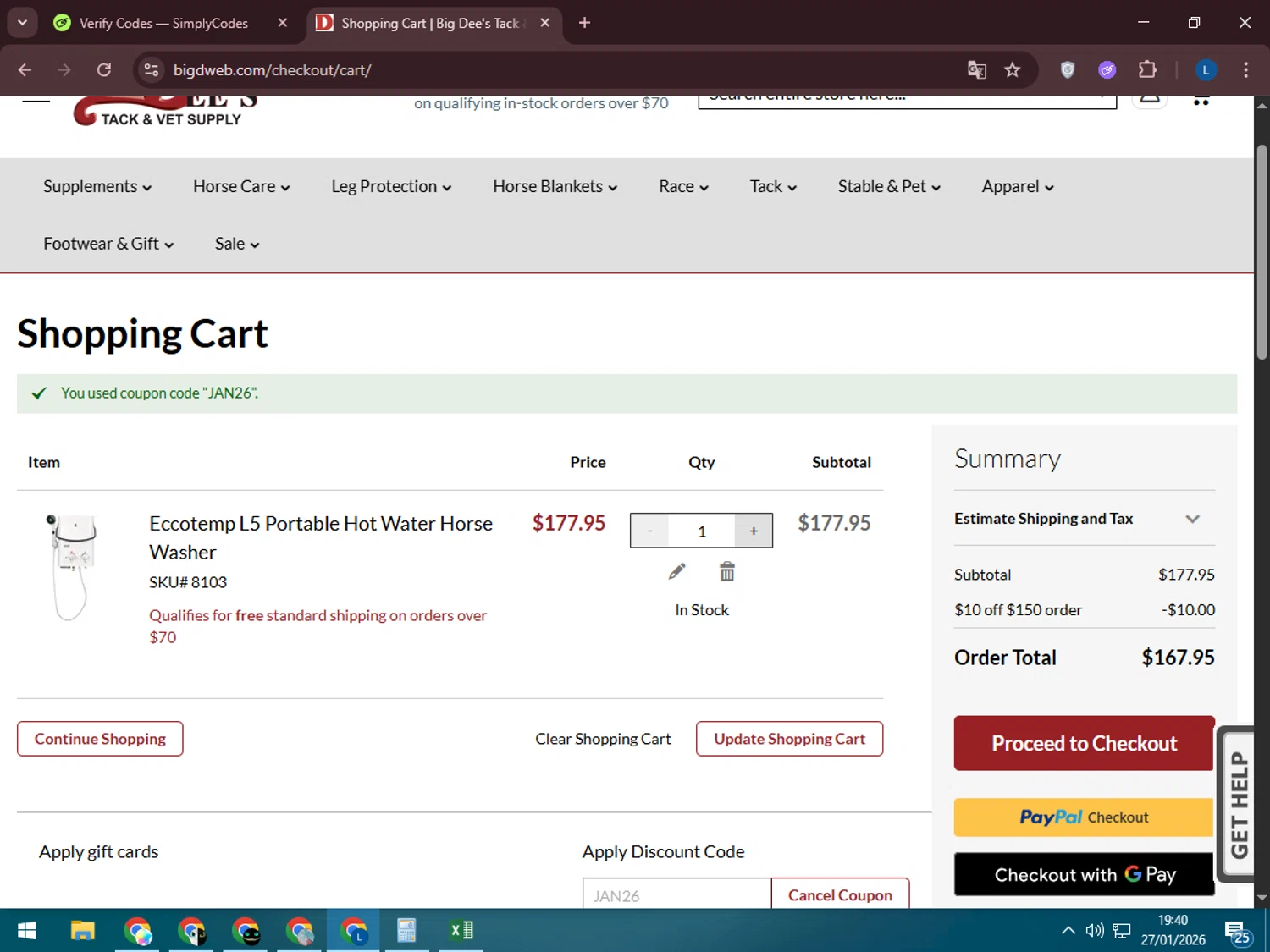 Big Dee's Tack & Vet Supplies promo code screenshot showing code JAN26 applied at Big Dee's Tack & Vet Supplies checkout page. Uploaded by SimplyCodes community member LegendaryLegend5536 on Jan 27, 2026