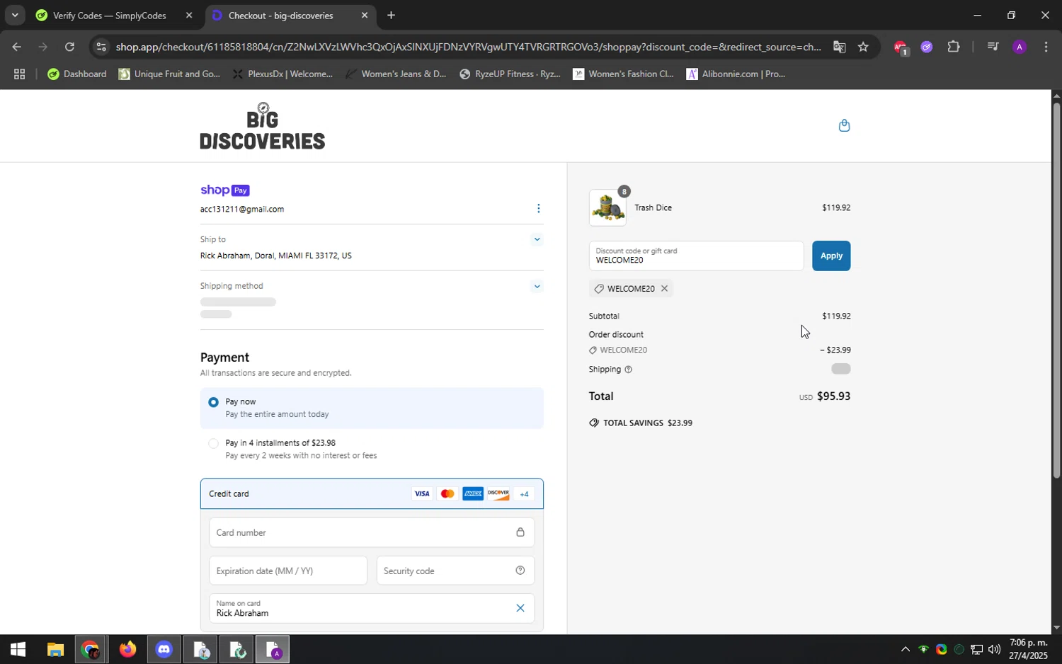 Big Discoveries promo code screenshot showing code WELCOME20 applied at Big Discoveries checkout page. Uploaded by SimplyCodes community member DeathBone on Apr 27, 2025