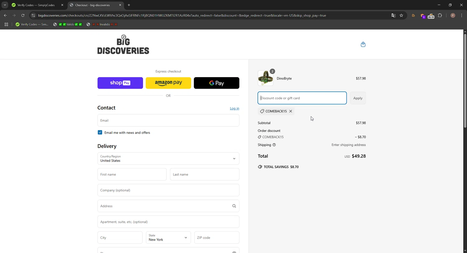 Big Discoveries promo code screenshot showing code COMEBACK15 applied at Big Discoveries checkout page. Uploaded by SimplyCodes community member CrownPro3073 on Mar 31, 2025
