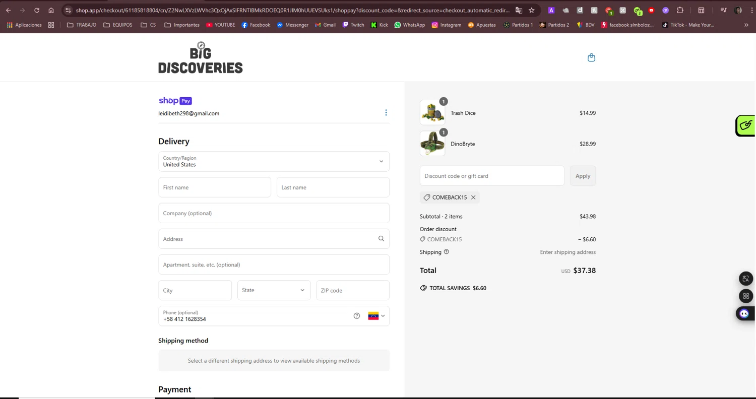 Big Discoveries promo code screenshot showing code COMEBACK15 applied at Big Discoveries checkout page. Uploaded by SimplyCodes community member kelvinsuarez88 on Mar 31, 2025