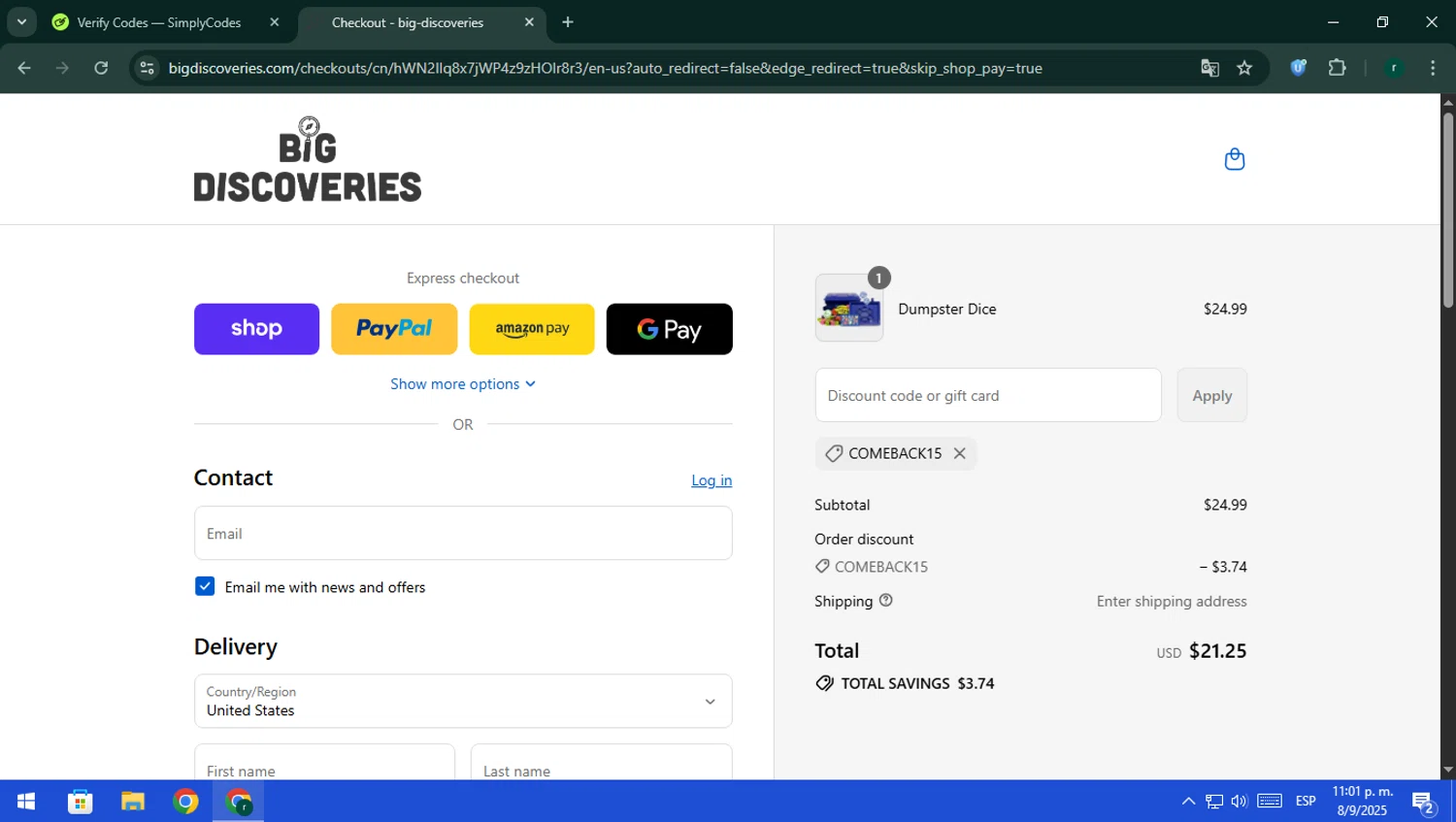 Big Discoveries promo code screenshot showing code COMEBACK15 applied at Big Discoveries checkout page. Uploaded by SimplyCodes community member rodri1 on Sep 9, 2025