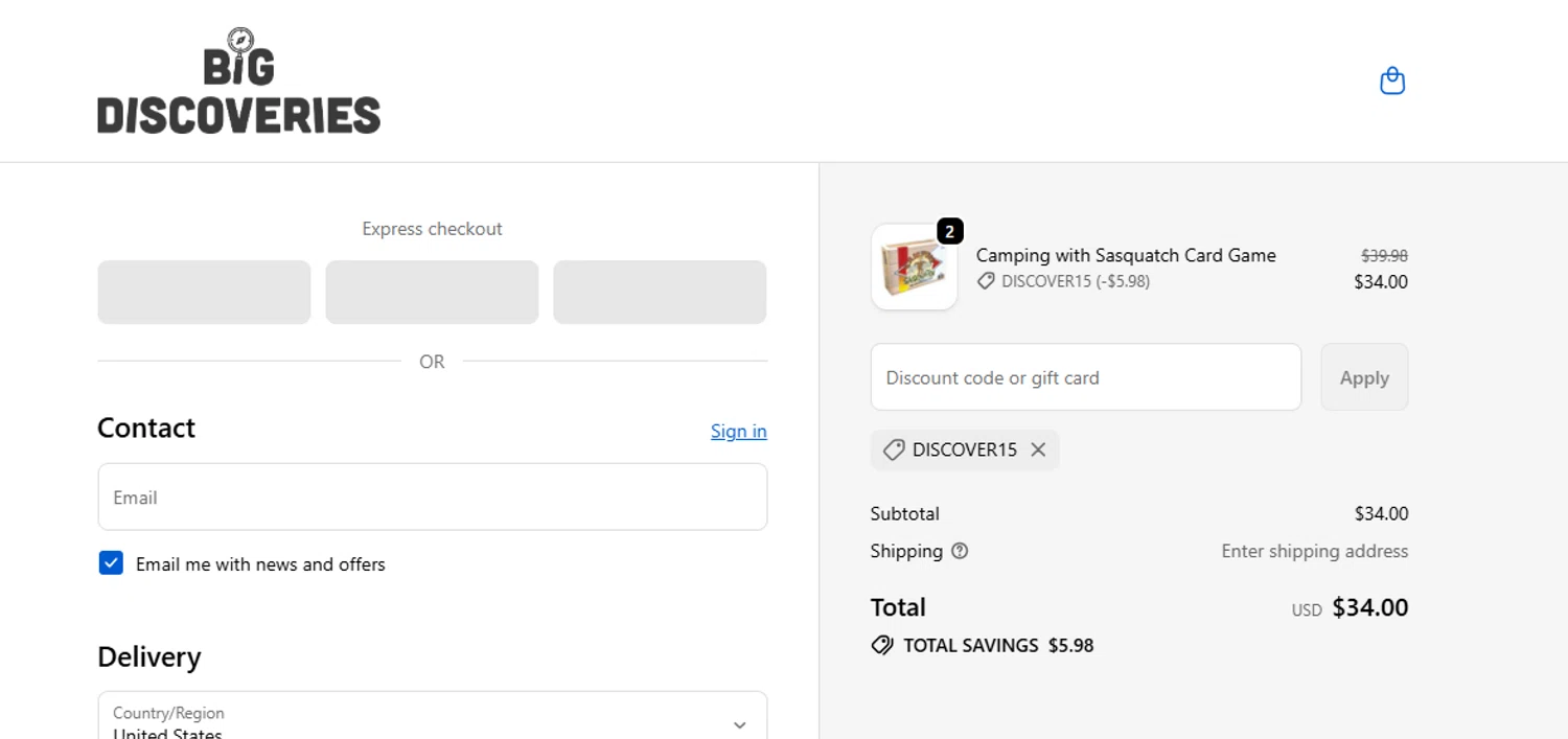 Big Discoveries promo code screenshot showing code discover15 applied at Big Discoveries checkout page. Uploaded by SimplyCodes community member Charly2607 on Nov 30, 2025