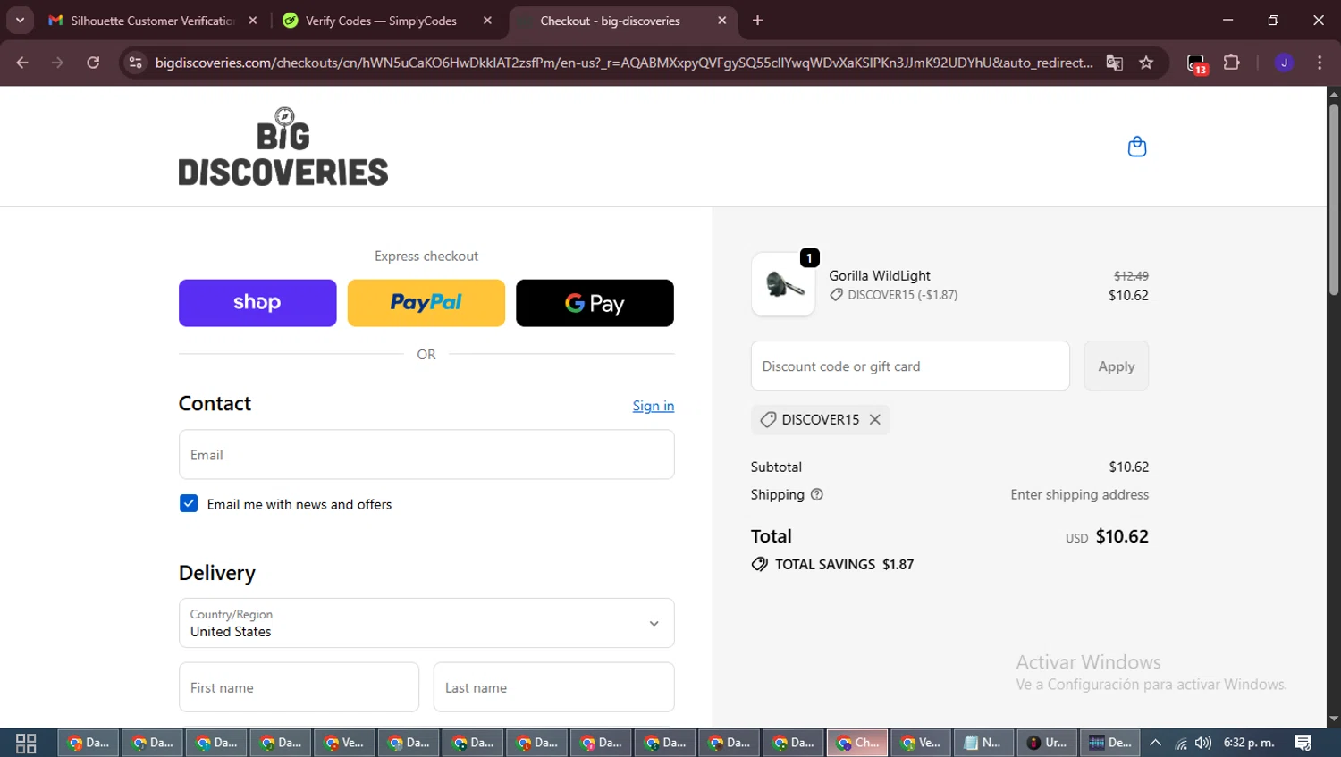 Big Discoveries promo code screenshot showing code discover15 applied at Big Discoveries checkout page. Uploaded by SimplyCodes community member LegendaryLegend9872 on Nov 30, 2025