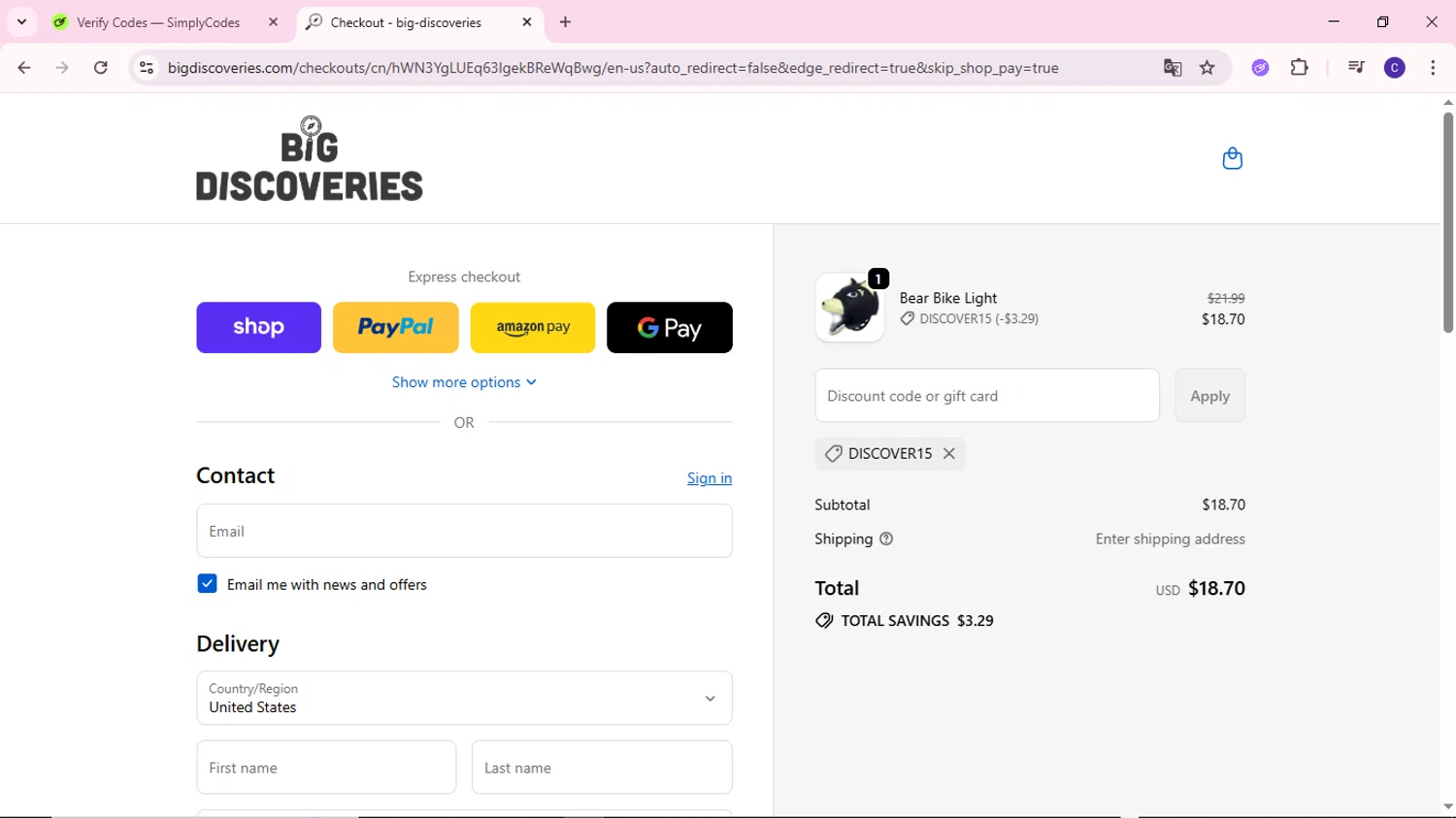 Big Discoveries promo code screenshot showing code discover15 applied at Big Discoveries checkout page. Uploaded by SimplyCodes community member MoneyWizard2699 on Sep 30, 2025