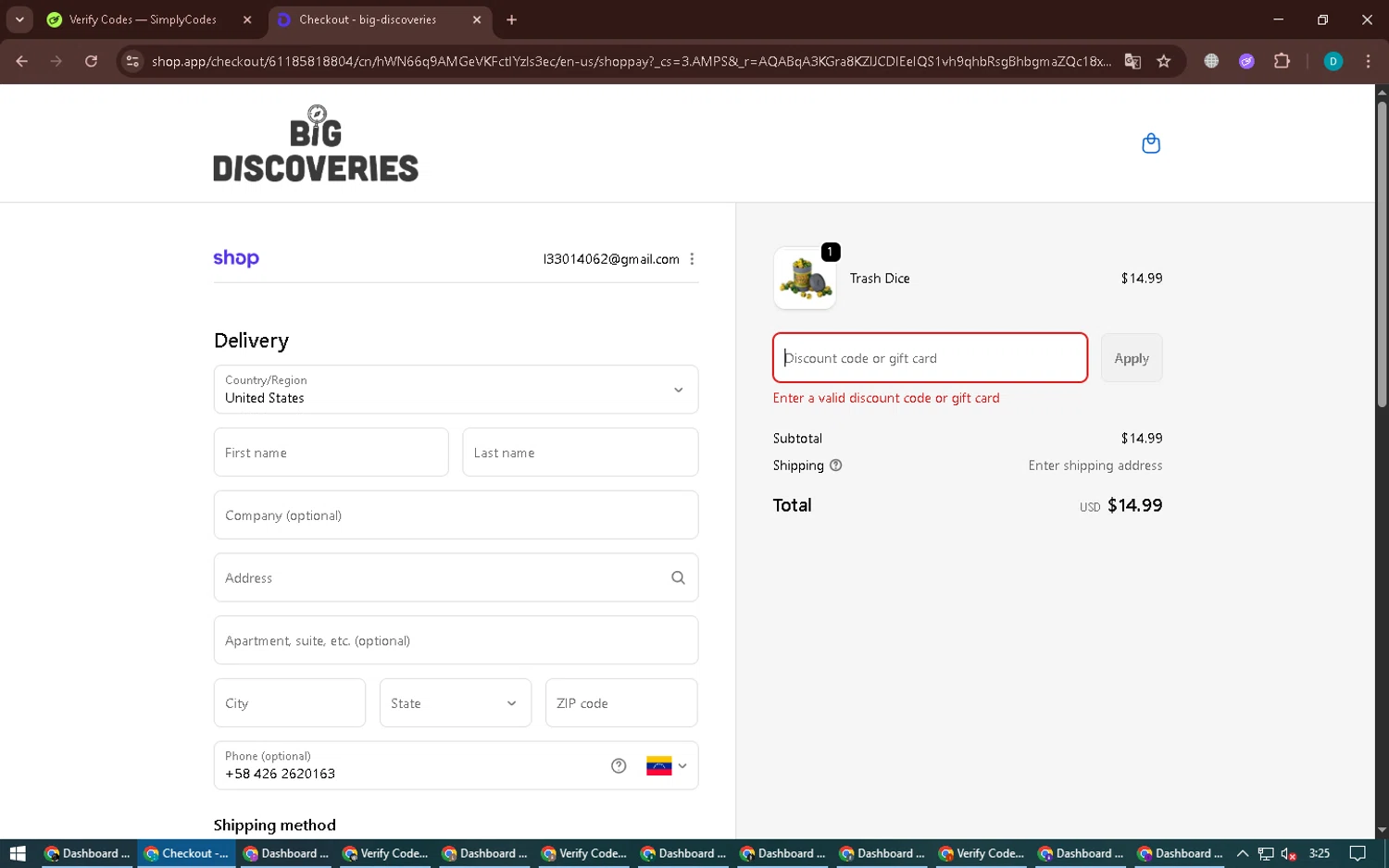Big Discoveries promo code screenshot showing code BFSCORE20 applied at Big Discoveries checkout page. Uploaded by SimplyCodes community member BonusPilot3825 on Dec 6, 2025