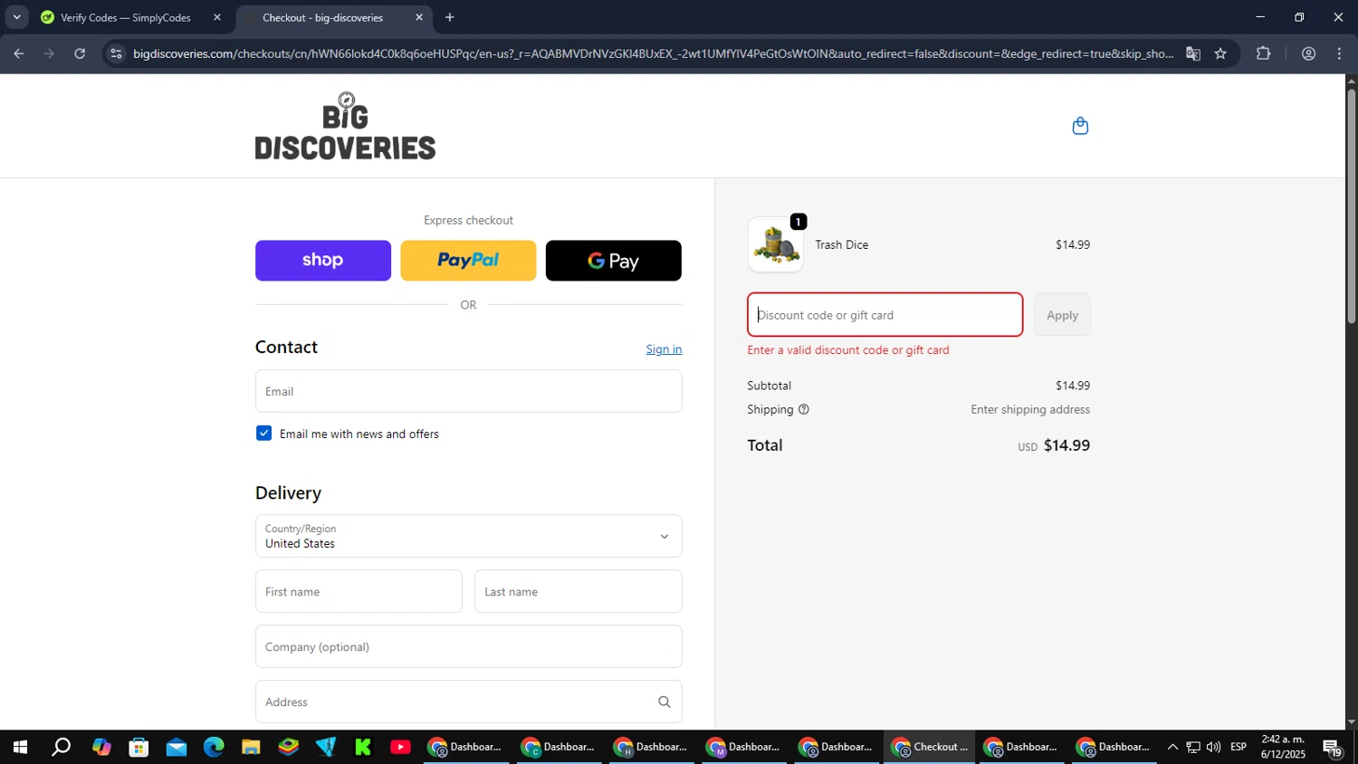 Big Discoveries promo code screenshot showing code BFSCORE20 applied at Big Discoveries checkout page. Uploaded by SimplyCodes community member MoneyPilot9165 on Dec 6, 2025