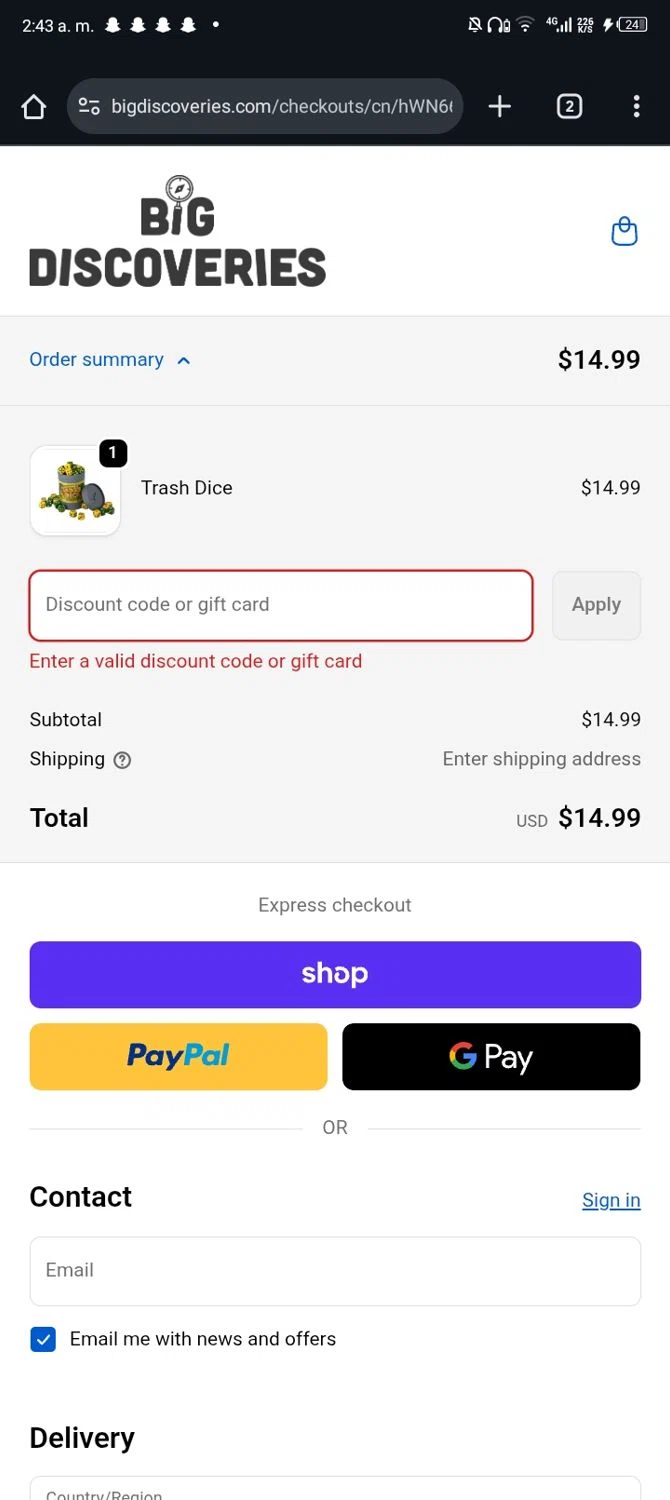 Big Discoveries promo code screenshot showing code BFSCORE20 applied at Big Discoveries checkout page. Uploaded by SimplyCodes community member Nickurtdale on Dec 6, 2025