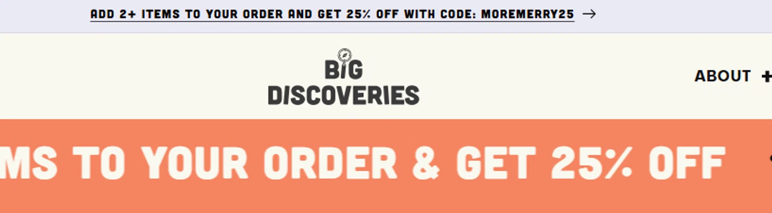 Big Discoveries promo code screenshot showing code MOREMERRY25 applied at Big Discoveries checkout page. Uploaded by SimplyCodes community member Biden0442069257555 on Dec 11, 2025