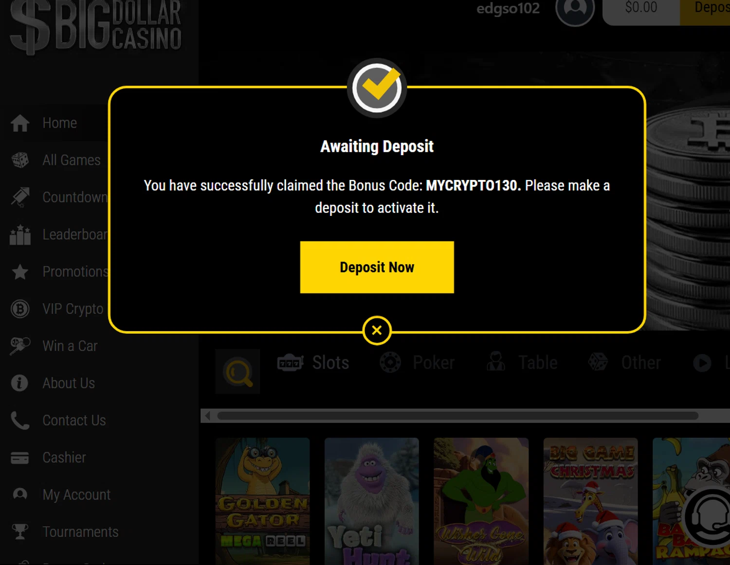Big Dollar promo code screenshot showing code MYCRYPTO300 applied at Big Dollar checkout page. Uploaded by SimplyCodes community member ValiantLion5897 on Jan 7, 2026