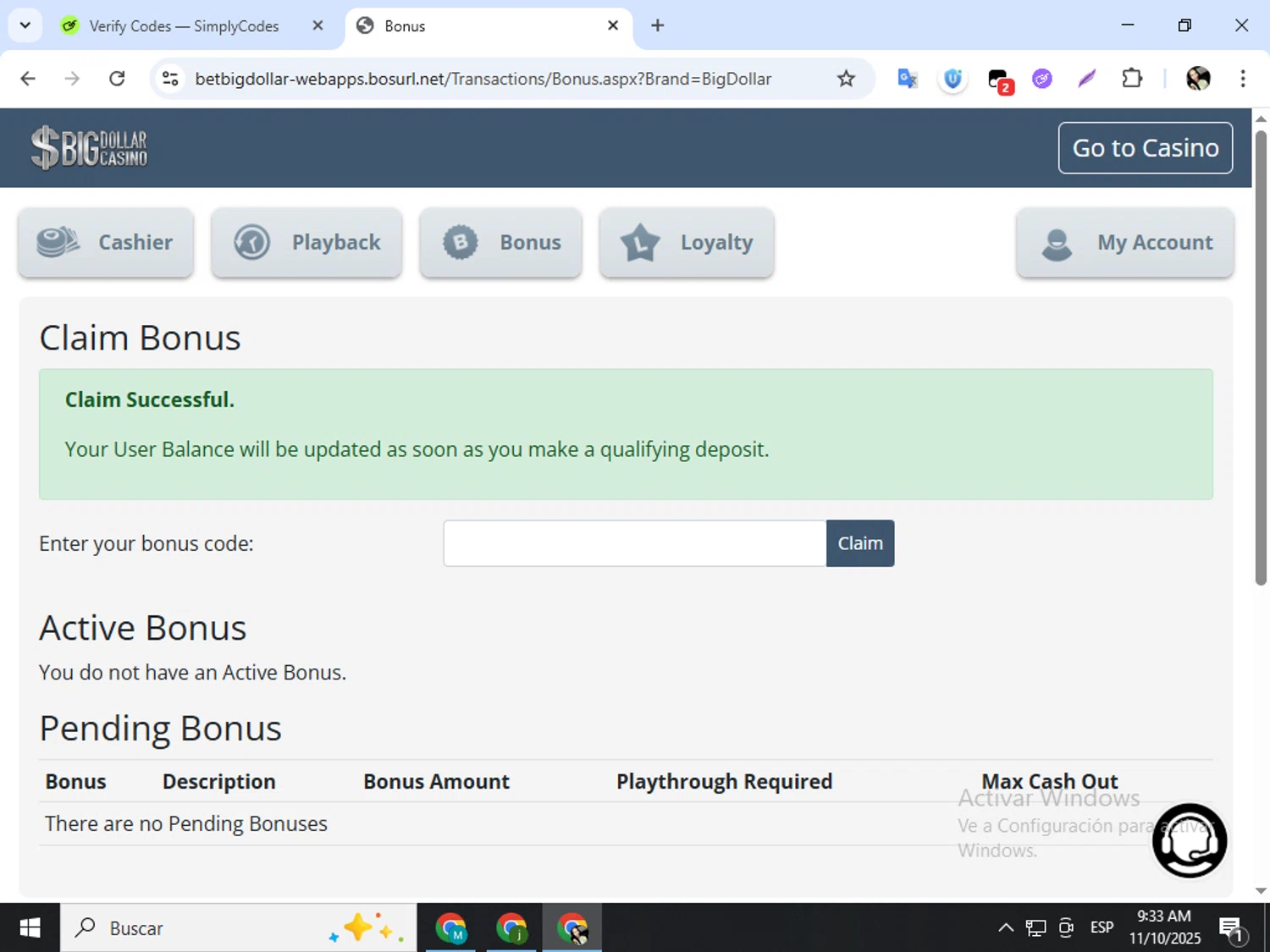 Big Dollar promo code screenshot showing code MYCRYPTO300 applied at Big Dollar checkout page. Uploaded by SimplyCodes community member mariapolancog on Nov 10, 2025