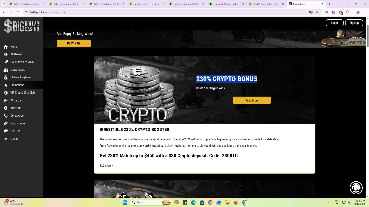 Big Dollar promo code screenshot showing code 230BTC applied at Big Dollar checkout page. Uploaded by SimplyCodes community member OriCarol on Dec 30, 2025