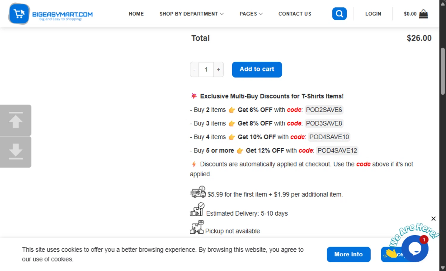 BigEasyMart.com coupon code screenshot showing code POD2SAVE6 applied at BigEasyMart.com checkout page. Uploaded by SimplyCodes community member 111111 on Nov 17, 2025