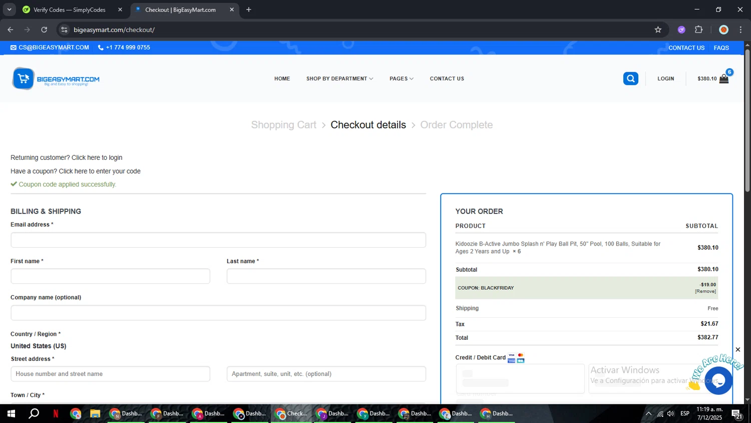 BigEasyMart.com coupon code screenshot showing code BLACKFRIDAY applied at BigEasyMart.com checkout page. Uploaded by SimplyCodes community member BonusCaptain9927 on Dec 7, 2025