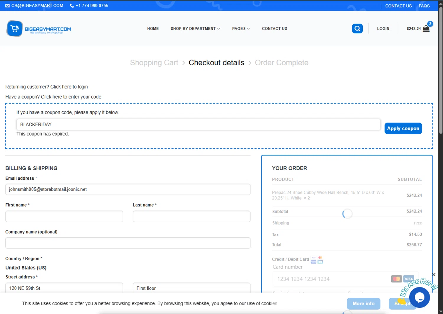 BigEasyMart.com coupon code screenshot showing code BLACKFRIDAY applied at BigEasyMart.com checkout page. Uploaded by SimplyCodes community member MagnificentFalcon188 on Dec 12, 2025