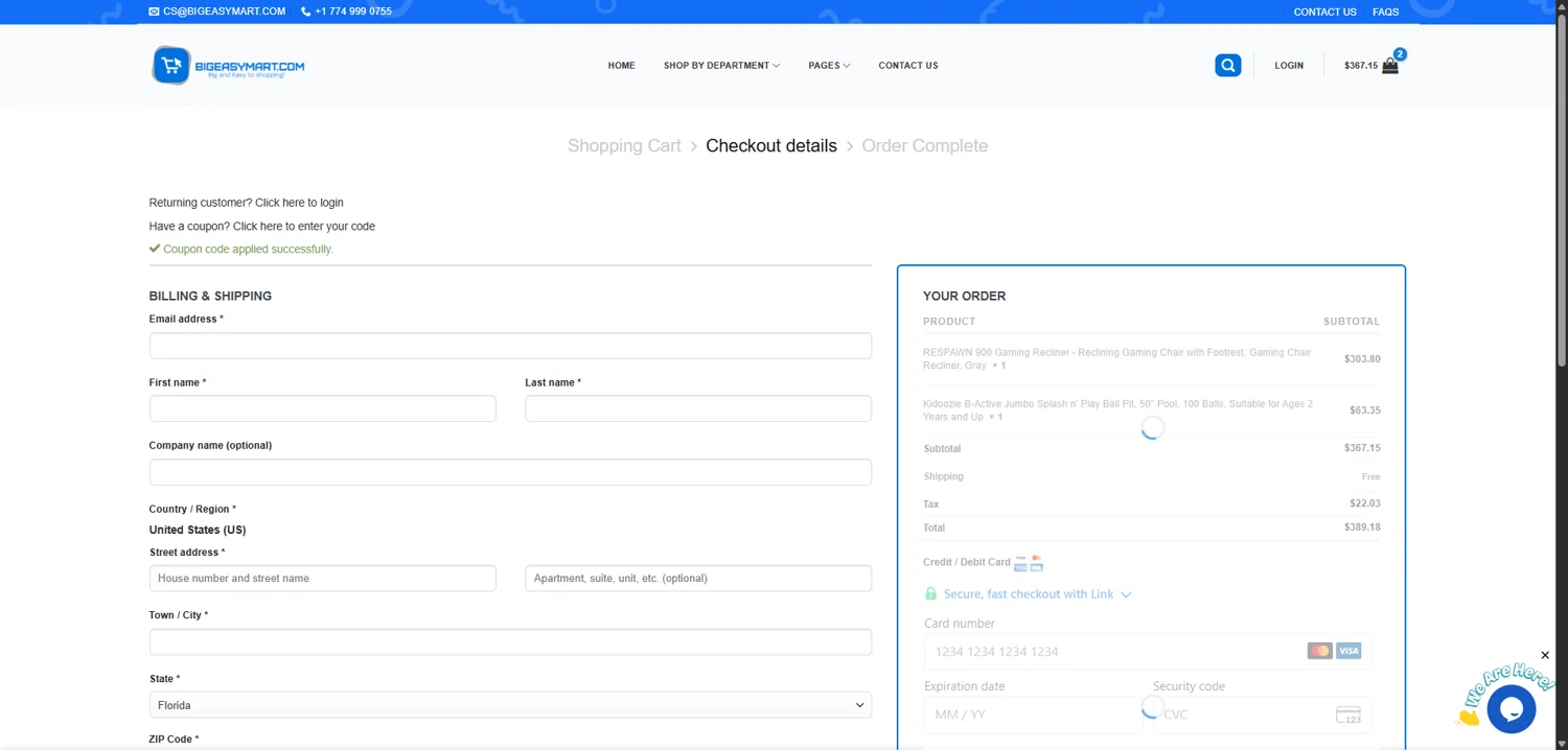 BigEasyMart.com coupon code screenshot showing code BLACKFRIDAY applied at BigEasyMart.com checkout page. Uploaded by SimplyCodes community member SavvyLion5780 on Nov 17, 2025