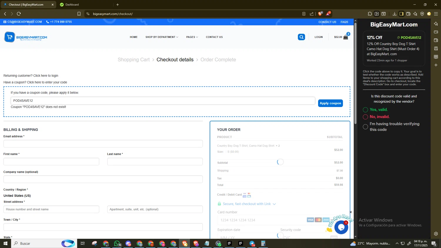 BigEasyMart.com coupon code screenshot showing code POD4SAVE12 applied at BigEasyMart.com checkout page. Uploaded by SimplyCodes community member CleverAce2928 on Nov 17, 2025