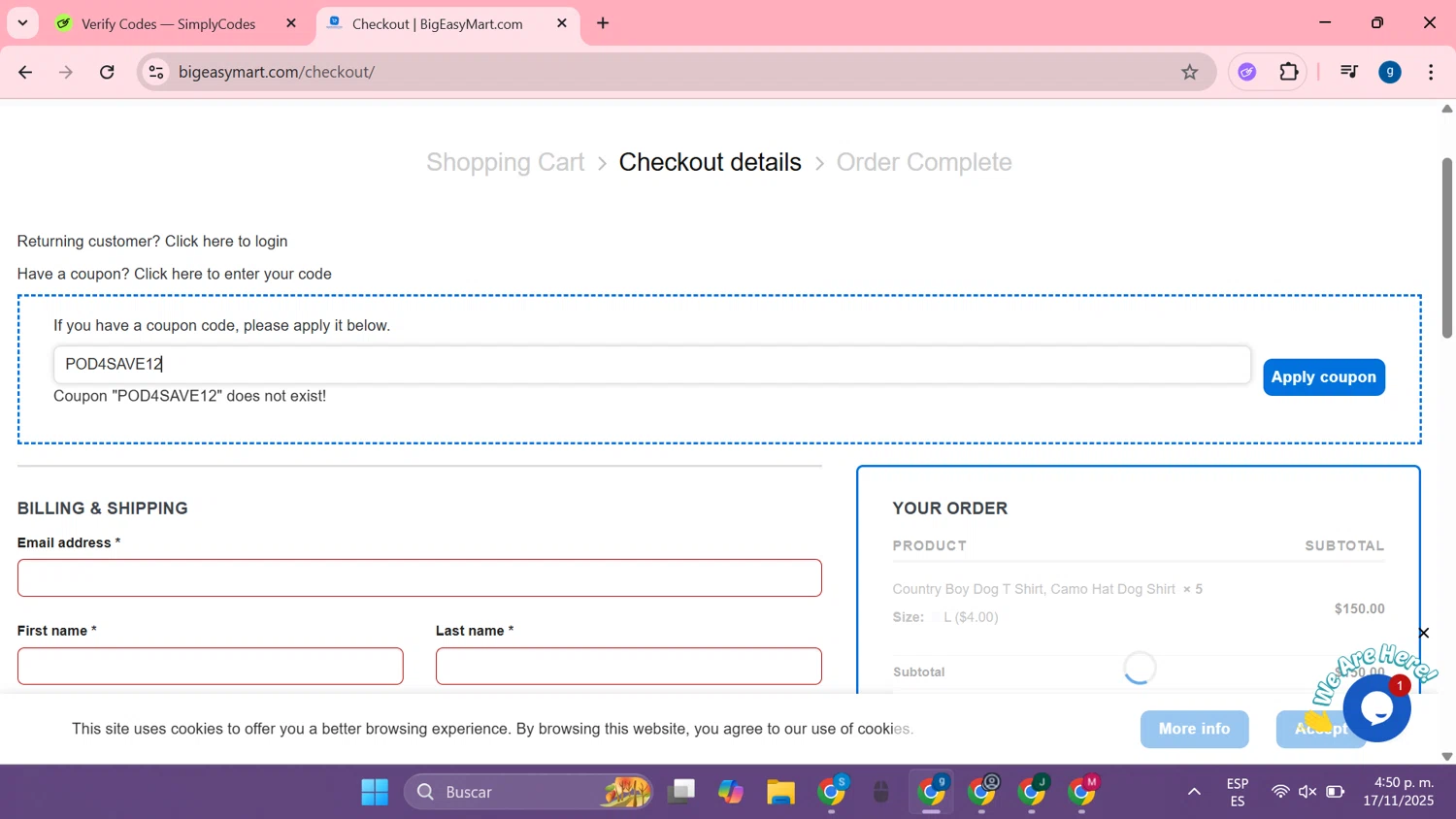 BigEasyMart.com coupon code screenshot showing code POD4SAVE12 applied at BigEasyMart.com checkout page. Uploaded by SimplyCodes community member MoneyTiger7289 on Nov 17, 2025