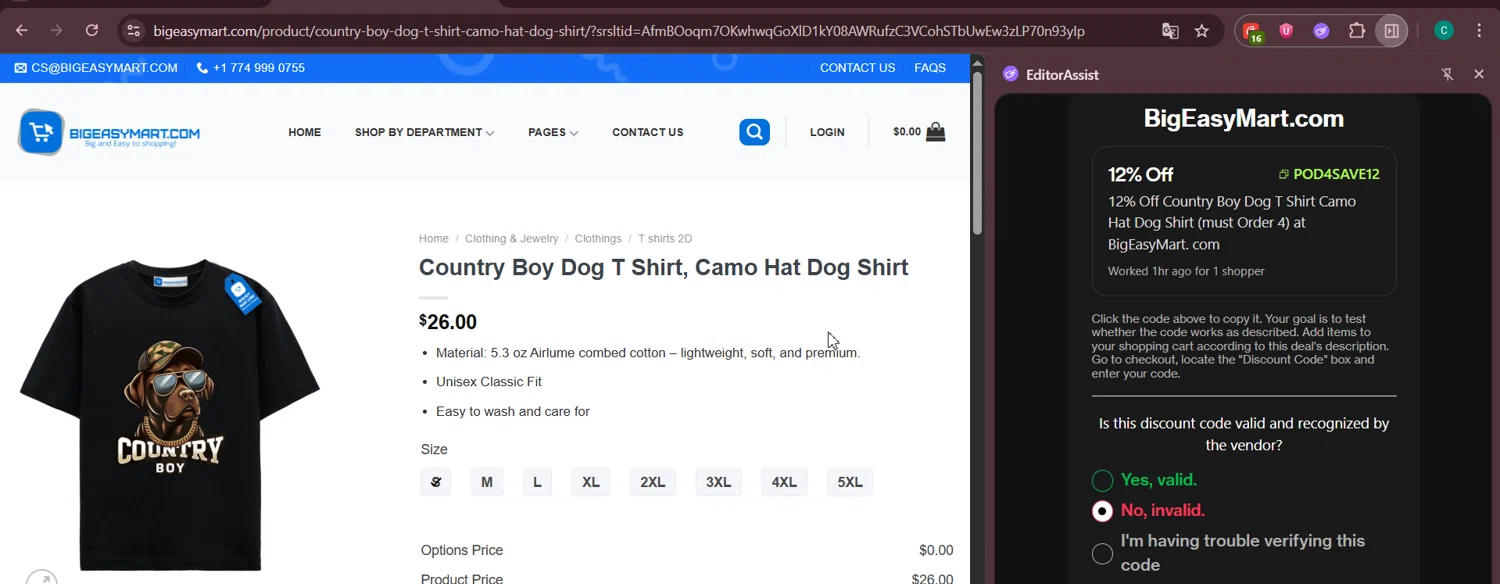 BigEasyMart.com coupon code screenshot showing code POD4SAVE12 applied at BigEasyMart.com checkout page. Uploaded by SimplyCodes community member Negritoo on Nov 17, 2025