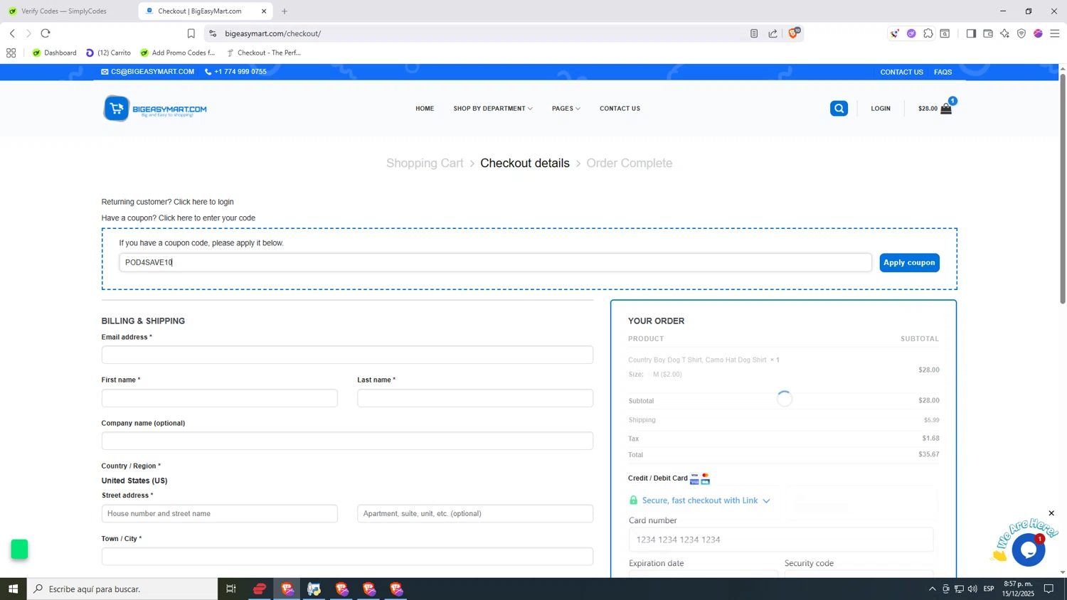 BigEasyMart.com coupon code screenshot showing code POD4SAVE10 applied at BigEasyMart.com checkout page. Uploaded by SimplyCodes community member Nezukooo on Dec 16, 2025