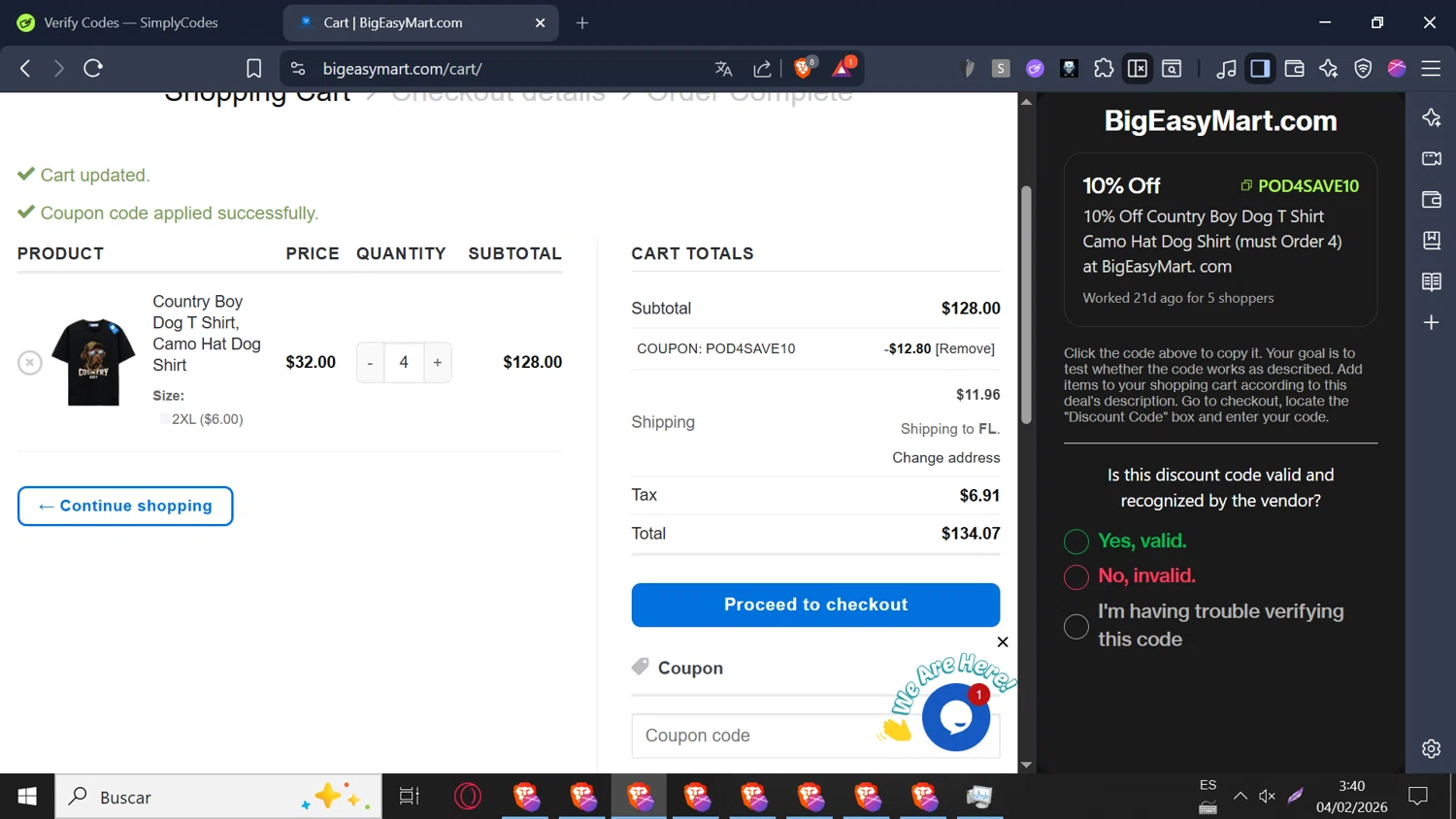 BigEasyMart.com checkout page showing BigEasyMart.com coupon code box | Screenshot taken by SimplyCodes community member on Feb 4, 2026