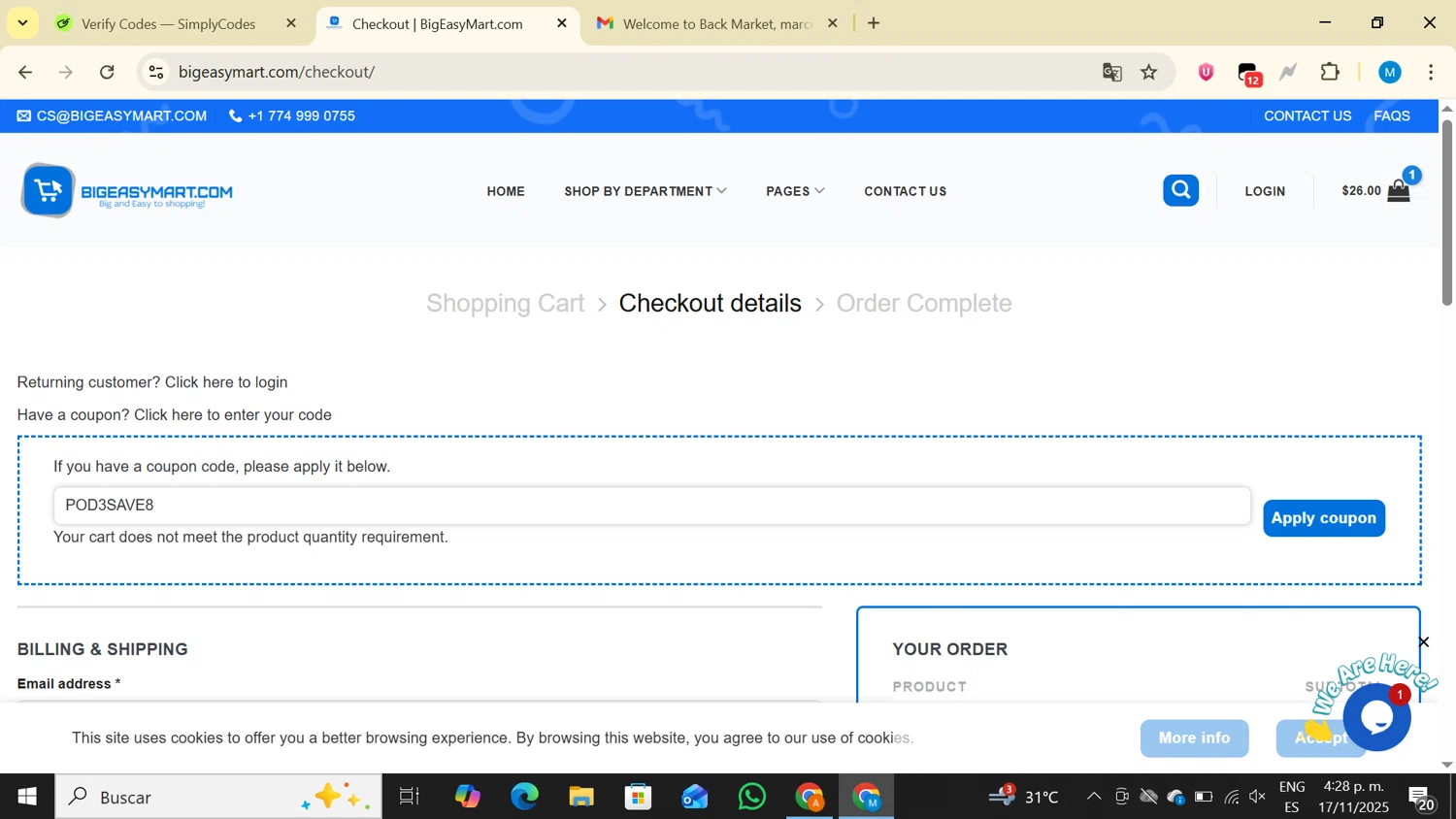 BigEasyMart.com coupon code screenshot showing code POD3SAVE8 applied at BigEasyMart.com checkout page. Uploaded by SimplyCodes community member LegendaryAce4371 on Nov 17, 2025