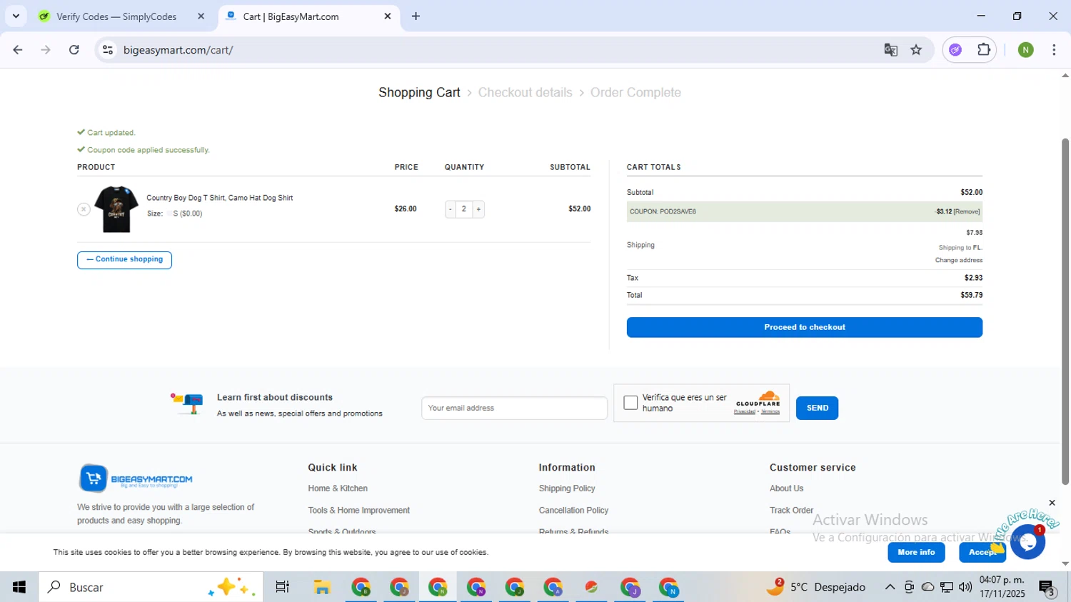 BigEasyMart.com coupon code screenshot showing code POD2SAVE6 applied at BigEasyMart.com checkout page. Uploaded by SimplyCodes community member TokenMaverick6956 on Nov 17, 2025