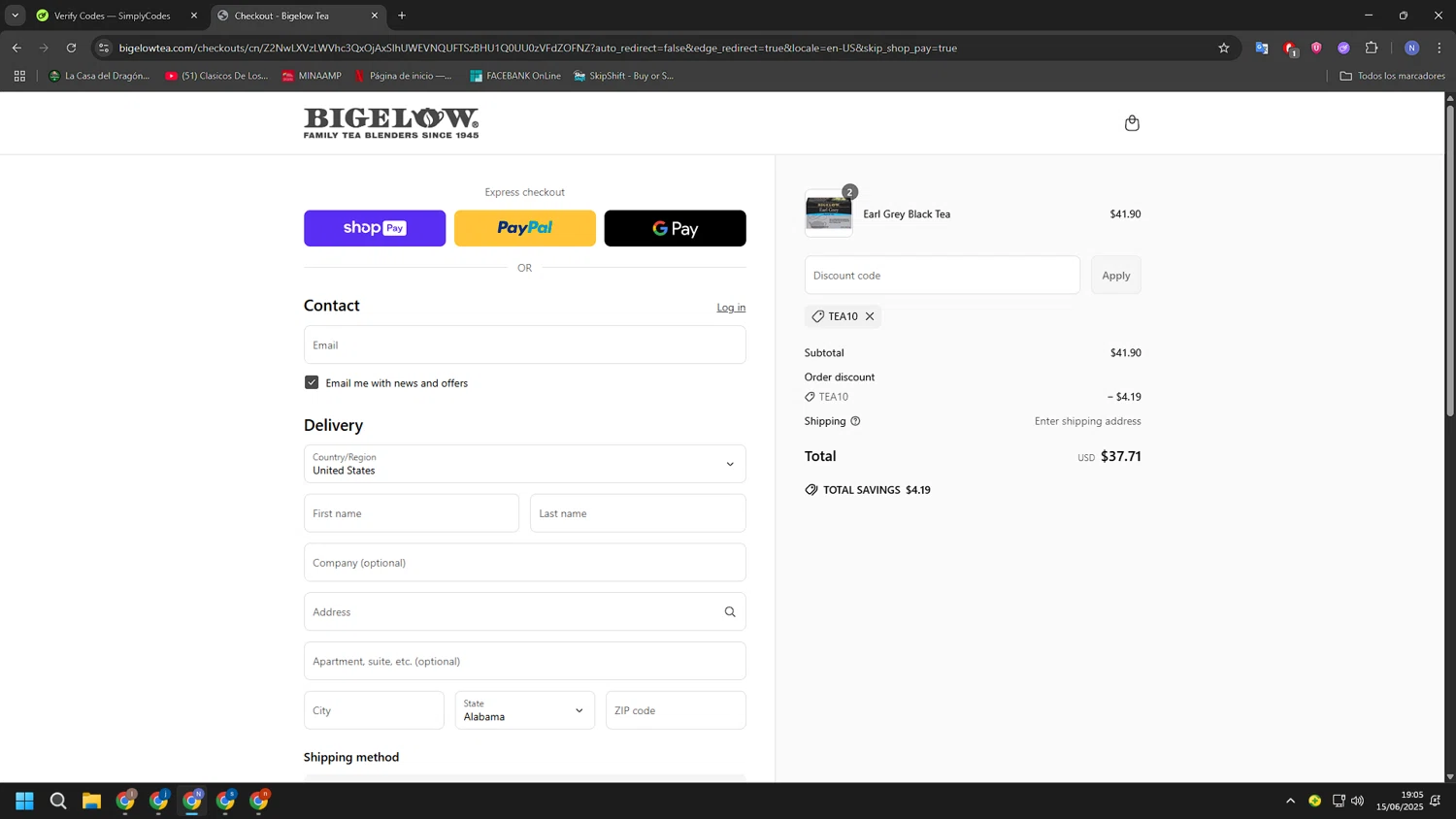 Bigelow Tea promo code screenshot showing code TEA10 applied at Bigelow Tea checkout page. Uploaded by SimplyCodes community member RoyalGuardian2978 on Jun 15, 2025