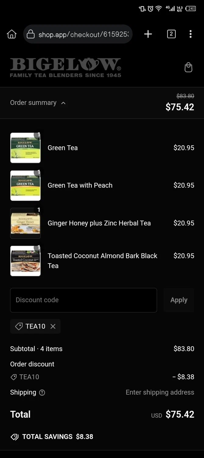 Bigelow Tea promo code screenshot showing code TEA10 applied at Bigelow Tea checkout page. Uploaded by SimplyCodes community member Xx_Cogeburras3000_xX on Feb 20, 2025