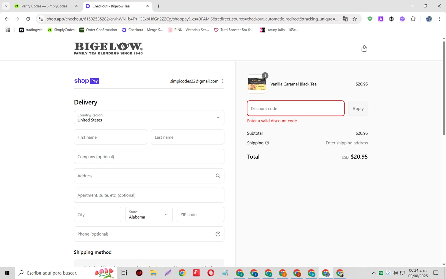 Bigelow Tea promo code screenshot showing code PEACH20 applied at Bigelow Tea checkout page. Uploaded by SimplyCodes community member JoseH45 on Aug 9, 2025