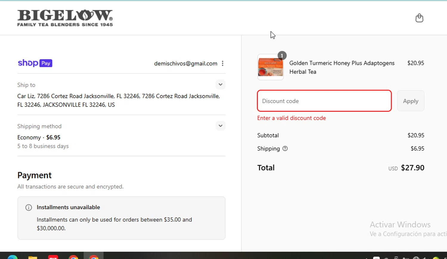 Bigelow Tea promo code screenshot showing code PEACH20 applied at Bigelow Tea checkout page. Uploaded by SimplyCodes community member RewardMonarch5847 on Aug 9, 2025