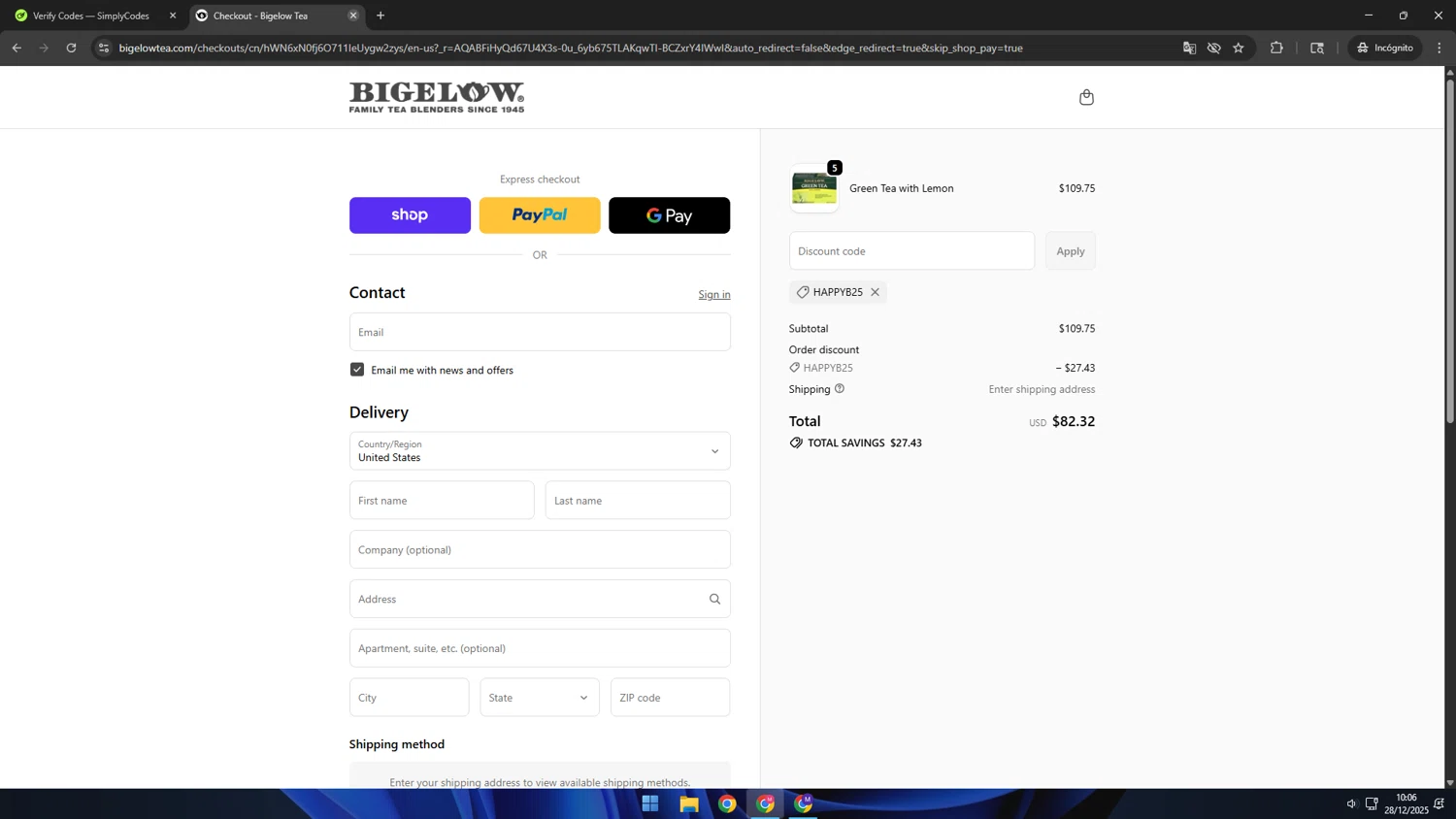 Bigelow Tea promo code screenshot showing code HAPPYB25 applied at Bigelow Tea checkout page. Uploaded by SimplyCodes community member CBR600 on Dec 28, 2025