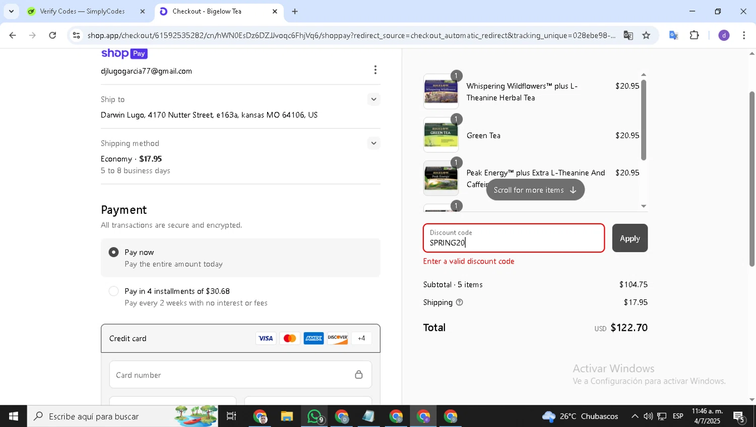 Bigelow Tea promo code screenshot showing code SPRING20 applied at Bigelow Tea checkout page. Uploaded by SimplyCodes community member ShieldSeeker6695 on Jul 4, 2025