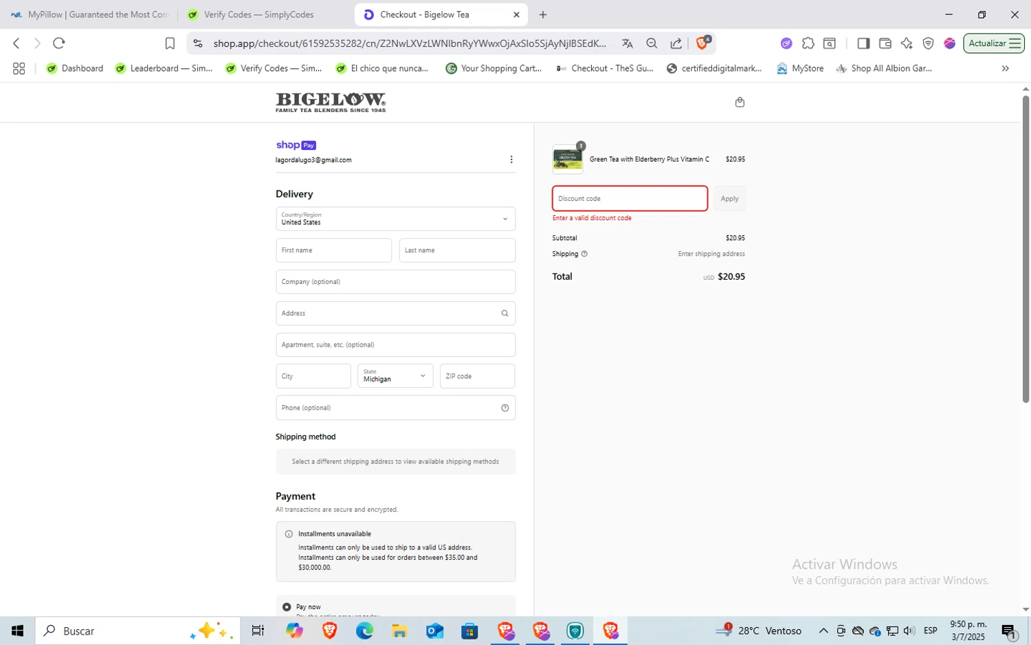 Bigelow Tea promo code screenshot showing code SPRING20 applied at Bigelow Tea checkout page. Uploaded by SimplyCodes community member Rayyyyyy on Jul 4, 2025