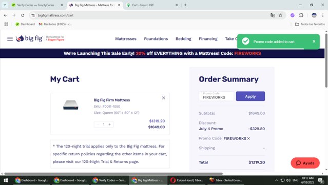 Big Fig Mattress checkout page showing Big Fig Mattress promo code box | Screenshot taken by SimplyCodes community member on Jun 18, 2025