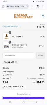 Jonny15 coupon verification screenshot
