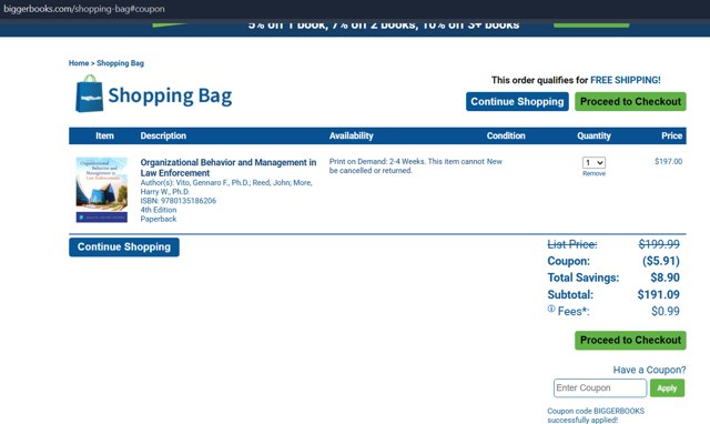 BiggerBooks checkout page showing BiggerBooks coupon code box | Screenshot taken by SimplyCodes community member on Apr 11, 2025